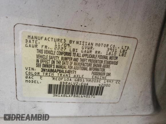 2010 Nissan Sentra SL with VIN 3N1AB6AP8AL640171, listed as a Copart auction lot 48793965 with 190,195 mi miles and Salvage title. Bid and sale history available at DreamBid. Image 15.