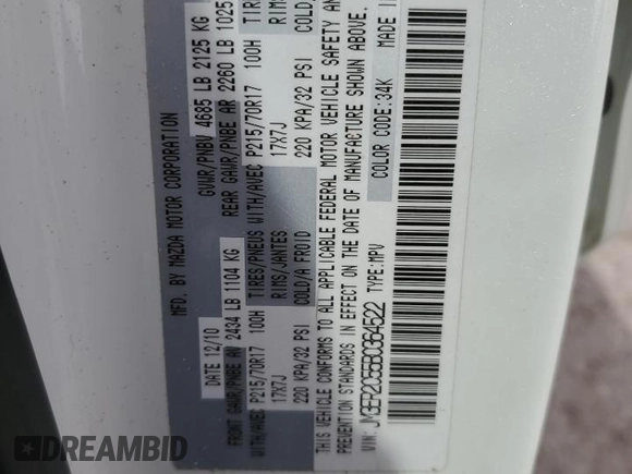 2011 Mazda CX-7 i Touring with VIN JM3ER2C55B0364522, listed as a Copart auction lot 50039145 with 161,477 mi miles and Salvage Title. Bid and sale history available at DreamBid. Image 13.