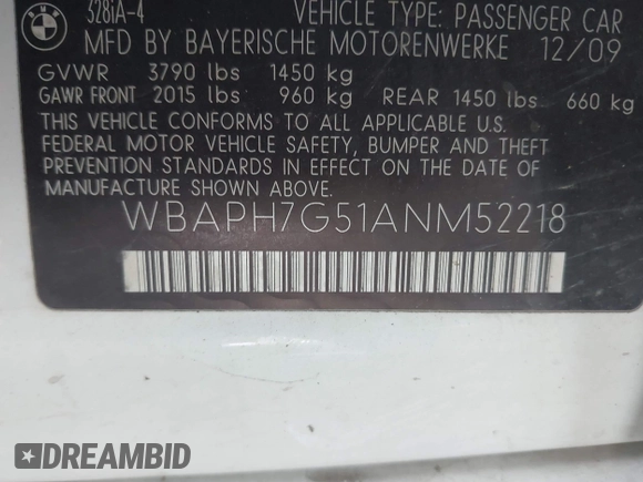 2010 BMW 3 Series 328i with VIN WBAPH7G51ANM52218, listed as a IAAI auction lot 41066937 with 129,932 mi miles and . Bid and sale history available at carsss.com. Image 9.