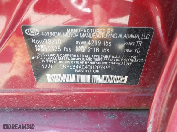 2011 Hyundai Sonata GLS PZEV with VIN 5NPEB4AC4BH207495, listed as a IAAI auction lot 41781328 with 110,420 mi miles. Bid and sale history available at carsss.com. Image 9.