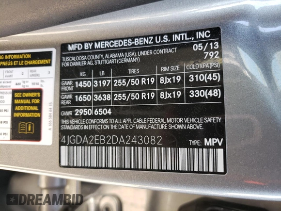 2013 Mercedes-Benz M 350 with VIN 4JGDA2EB2DA243082, listed as a Copart auction lot 50236885 with 149,945 mi miles and Clean Title. Bid and sale history available at carsss.com. Image 13.