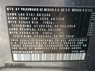 2022 Volkswagen Tiguan SE z VIN 3VV3B7AX6NM138384, wystawiony jako Copart lot #56172065 z przebiegiem 45 074 mil mil oraz Szkoda całkowita • Salvage title. Historia ofert i sprzedaży dostępna na DreamBid. Obrazek 13.