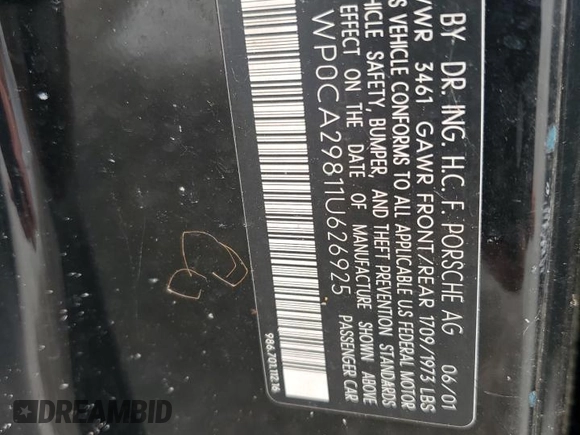 2001 Porsche Boxster with VIN WP0CA29811U626925, listed as a Copart auction lot 59632415 with Not provided miles and Clean title. Bid and sale history available at DreamBid. Image 12.