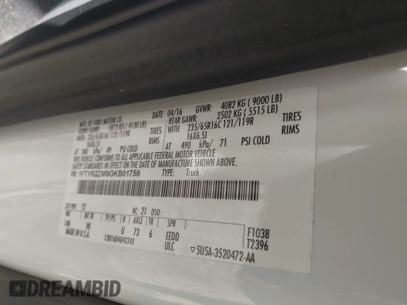 2016 Ford Transit Cargo z VIN 1FTYR2ZM9GKB01756, wystawiony jako IAAI lot #42469442 z przebiegiem 180 944 mil mil oraz . Historia ofert i sprzedaży dostępna na DreamBid. Obrazek 9.