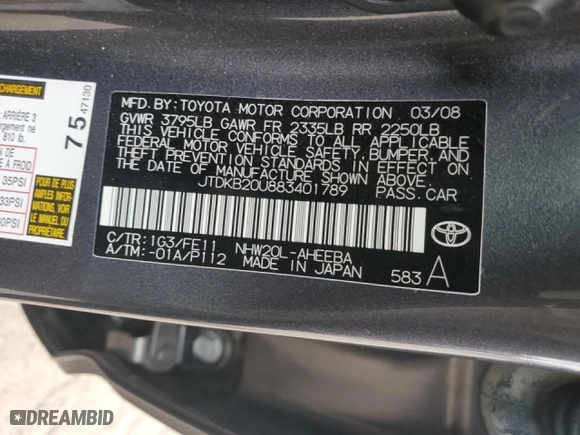 2008 Toyota Prius with VIN JTDKB20U883401789, listed as a Copart auction lot 42800835 with 160,780 mi miles and Clean Title. Bid and sale history available at carsss.com. Image 12.