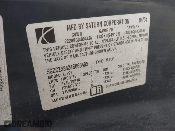 2004 Saturn VUE V6 z VIN 5GZCZ53424S863485, wystawiony jako IAAI lot #41702410 z przebiegiem 318 651 mil mil oraz . Historia ofert i sprzedaży dostępna na DreamBid. Obrazek 9.