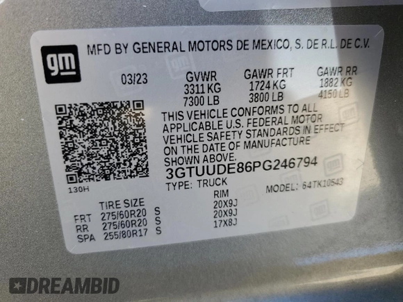 2023 GMC Sierra 1500 SLT z VIN 3GTUUDE86PG246794, wystawiony jako Copart lot #54015905 z przebiegiem 44 295 mil mil oraz Szkoda całkowita • Salvage title. Historia ofert i sprzedaży dostępna na DreamBid. Obrazek 12.