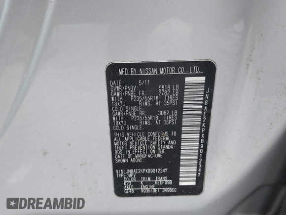 2011 Nissan Quest SL z VIN JN8AE2KPXB9012347, wystawiony jako IAAI lot #42204614 z przebiegiem 138 298 mil mil oraz . Historia ofert i sprzedaży dostępna na DreamBid. Obrazek 9.