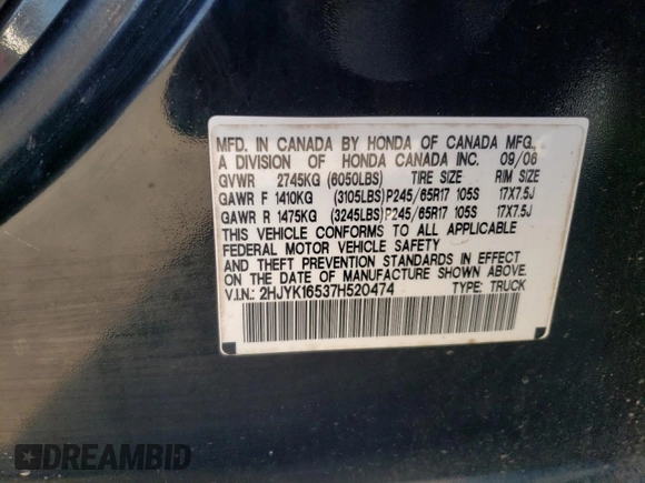 2007 Honda Ridgeline RTL w/Leather with VIN 2HJYK16537H520474, listed as a Copart auction lot 50600625 with 197,283 mi miles and Salvage Title. Bid and sale history available at carsss.com. Image 14.