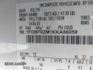 2019 Ford Transit with VIN 1FDBF8ZM1KKA86059, listed as a IAAI auction lot 42434134 with 82,668 mi miles and . Bid and sale history available at DreamBid. Image 9.