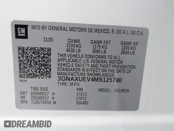 2021 Chevrolet Equinox LT z VIN 3GNAXUEV4MS125780, wystawiony jako IAAI lot #42148231 z przebiegiem 70 805 mil mil oraz . Historia ofert i sprzedaży dostępna na DreamBid. Obrazek 9.