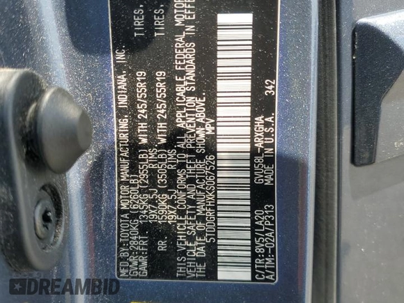 2019 Toyota Highlander Hybrid Limited with VIN 5TDDGRFHXKS067526, listed as a Copart auction lot 55407645 with 48,699 mi miles and Salvage title. Bid and sale history available at DreamBid. Image 13.