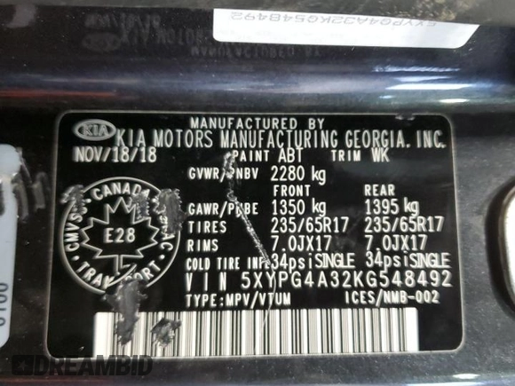 2019 Kia Sorento LX z VIN 5XYPG4A32KG548492, wystawiony jako Copart lot #61574165 z przebiegiem 134 672 mil mil oraz Szkoda całkowita • Salvage title. Historia ofert i sprzedaży dostępna na DreamBid. Obrazek 14.
