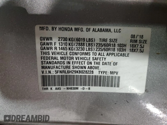 2019 Honda Odyssey LX with VIN 5FNRL6H29KB028228, listed as a Copart auction lot 47819875 with 91,169 mi miles and Salvage Title. Bid and sale history available at DreamBid. Image 13.