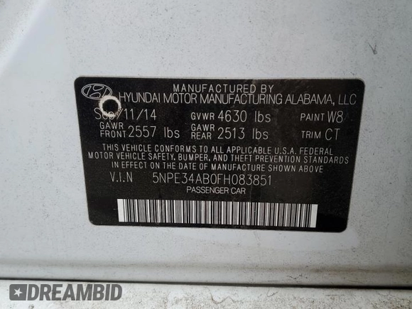 2015 Hyundai Sonata Sport with VIN 5NPE34AB0FH083851, listed as a Copart auction lot 44110145 with Not Provided miles and Salvage Title. Bid and sale history available at carsss.com. Image 13.