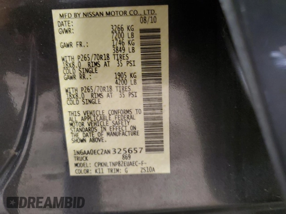 2010 Nissan Titan LE with VIN 1N6AA0EC2AN325657, listed as a Copart auction lot 88307625 with 147,010 mi miles and Salvage Title. Bid and sale history available at carsss.com. Image 12.