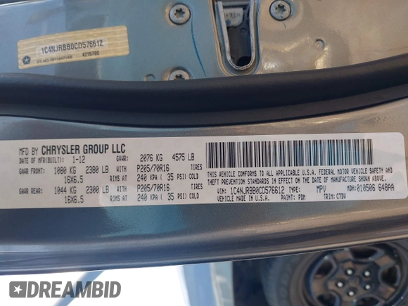 2012 Jeep Patriot Sport with VIN 1C4NJRBB0CD576612, listed as a IAAI auction lot 42076487 with 194,670 mi miles. Bid and sale history available at carsss.com. Image 9.