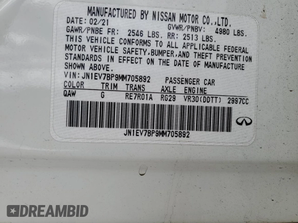 2021 Infiniti Q50 Luxe with VIN JN1EV7BP9MM705892, listed as a Copart auction lot 58545575 with Not provided miles and Salvage title. Bid and sale history available at DreamBid. Image 12.