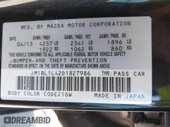 2013 Mazda 3 Mazdaspeed3 Touring with VIN JM1BL1L42D1827986, listed as a IAAI auction lot 42143327 with 186,436 mi miles and . Bid and sale history available at DreamBid. Image 9.