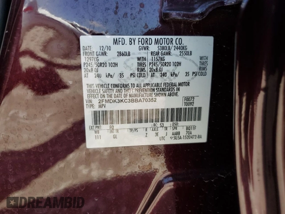 2011 Ford Edge Limited with VIN 2FMDK3KC3BBA70352, listed as a Copart auction lot 53895305 with 173,868 mi miles and Salvage title. Bid and sale history available at DreamBid. Image 13.