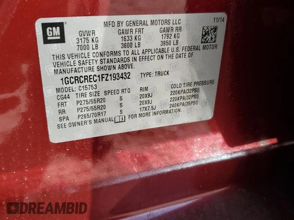 2015 Chevrolet Silverado 1500 LT with VIN 1GCRCREC1FZ193432, listed as a Copart auction lot 71644304 with 120,320 mi miles and Salvage Title. Bid and sale history available at DreamBid. Image 12.