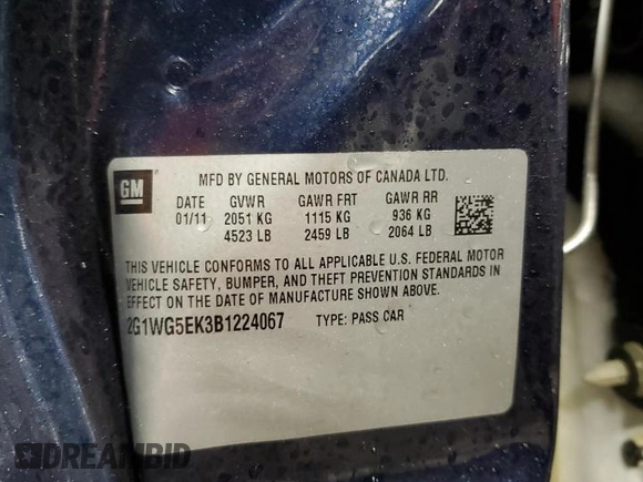 2011 Chevrolet Impala with VIN 2G1WG5EK3B1224067, listed as a Copart auction lot 52213955 with 120,517 mi miles and Salvage Title. Bid and sale history available at DreamBid. Image 12.