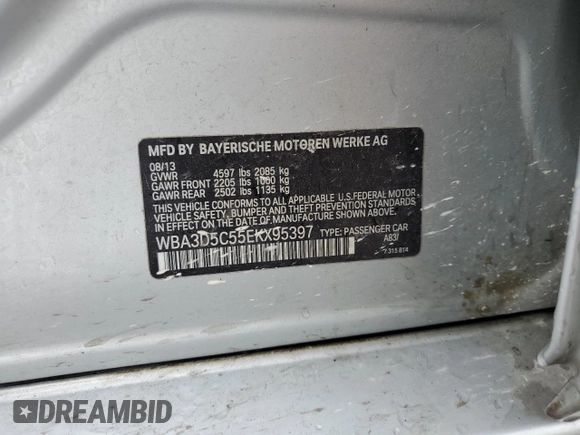 2014 BMW 3 Series 328d xDrive with VIN WBA3D5C55EKX95397, listed as a Copart auction lot 64067585 with 267,962 mi miles and Clean title. Bid and sale history available at DreamBid. Image 12.