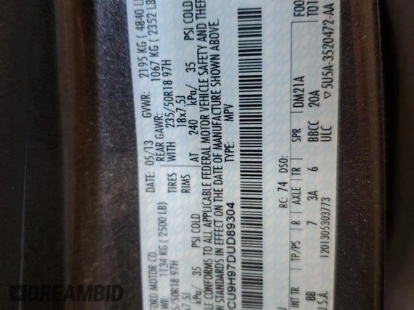 2013 Ford Escape SEL с VIN 1FMCU9H97DUD89304, выставлен на аукционе Copart как лот 44326185 с пробегом 97 926 миль миль и Списание • Salvage title. История ставок и продаж доступна на DreamBid. Изображение 13.