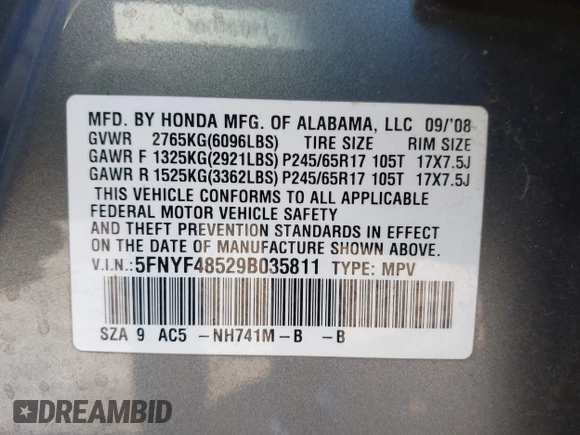 2009 Honda Pilot EX-L with VIN 5FNYF48529B035811, listed as a IAAI auction lot 41883686 with 173,830 mi miles. Bid and sale history available at carsss.com. Image 9.