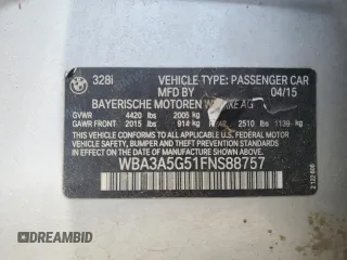 2015 BMW 3 Series 328i with VIN WBA3A5G51FNS88757, listed as a Copart auction lot 57448475 with 183,586 mi miles and Clean title. Bid and sale history available at DreamBid. Image 12.