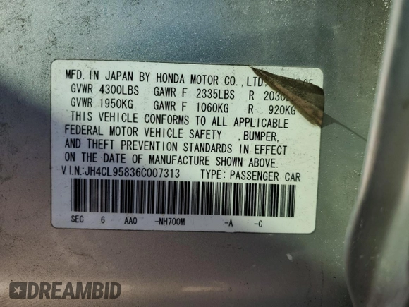 2006 Acura TSX с VIN JH4CL95836C007313, выставлен на аукционе Copart как лот 46373325 с пробегом 246 621 миль миль и Чистый • Clean title. История ставок и продаж доступна на DreamBid. Изображение 12.