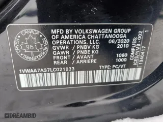 2020 Volkswagen Passat 2.0T S with VIN 1VWAA7A37LC021933, listed as a Copart auction lot 88478705 with 0 mi miles and Salvage Title. Bid and sale history available at carsss.com. Image 13.