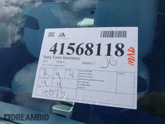 2023 Tesla Model 3 with VIN 5YJ3E1EA6PF495631, listed as a IAAI auction lot 41568118 with 10,073 mi miles and . Bid and sale history available at DreamBid. Image 20.