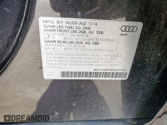 2015 Audi Q5 Premium Plus with VIN WA1LFAFP9FA067795, listed as a Copart auction lot 65831405 with 116,527 mi miles and Clean title. Bid and sale history available at DreamBid. Image 12.