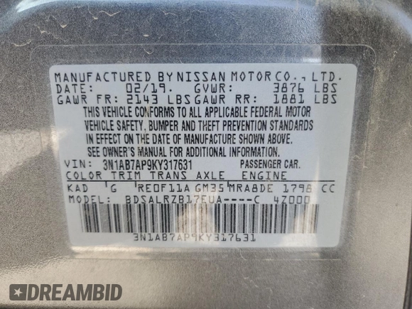 2019 Nissan Sentra SR with VIN 3N1AB7AP9KY317631, listed as a Copart auction lot 81178054 with 88,997 mi miles and Salvage Title. Bid and sale history available at carsss.com. Image 13.