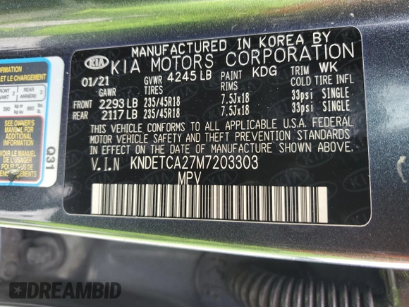 2021 Kia Seltos SX z VIN KNDETCA27M7203303, wystawiony jako Copart lot #48563105 z przebiegiem 51 176 mil mil oraz Nie do naprawy • Non repairable. Historia ofert i sprzedaży dostępna na DreamBid. Obrazek 12.