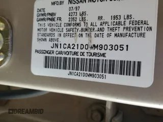 1998 Nissan Maxima GXE with VIN JN1CA21D0WM903051, listed as a Copart auction lot 47821445 with 156,748 mi miles and Salvage title. Bid and sale history available at DreamBid. Image 15.