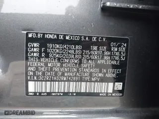 2024 Honda HR-V LX with VIN 3CZRZ1H32RM742891, listed as a IAAI auction lot 41308266 with 3,425 mi miles. Bid and sale history available at carsss.com. Image 9.