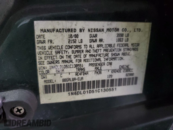 2001 Nissan Altima GXE with VIN 1N4DL01D51C130551, listed as a Copart auction lot 82424124 with 111,297 mi miles and Non Repairable. Bid and sale history available at carsss.com. Image 12.