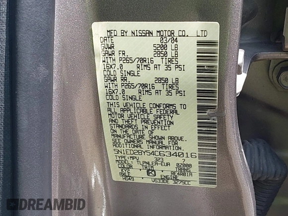 2004 Nissan Xterra XE z VIN 5N1ED28Y54C634016, wystawiony jako IAAI lot #42316911 z przebiegiem 155 692 mil mil oraz . Historia ofert i sprzedaży dostępna na DreamBid. Obrazek 9.