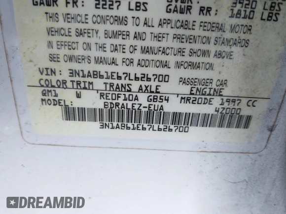 2007 Nissan Sentra S with VIN 3N1AB61E67L626700, listed as a IAAI auction lot 42461720 with 173,360 mi miles and . Bid and sale history available at DreamBid. Image 9.