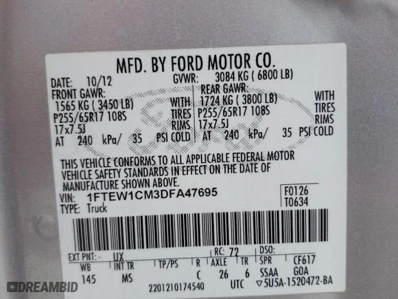 2013 Ford F-150 XL with VIN 1FTEW1CM3DFA47695, listed as a Copart auction lot 47667695 with 164,935 mi miles and Salvage Title. Bid and sale history available at carsss.com. Image 12.