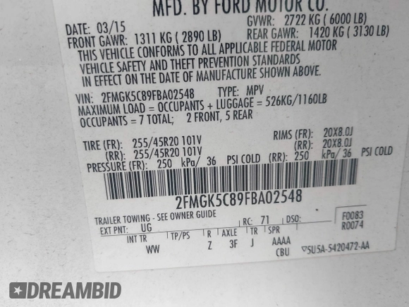 2015 Ford Flex SEL z VIN 2FMGK5C89FBA02548, wystawiony jako IAAI lot #41775436 z przebiegiem 132 856 mil mil oraz . Historia ofert i sprzedaży dostępna na DreamBid. Obrazek 9.