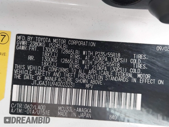 2004 Lexus RX 330 z VIN JTJGA31U940023231, wystawiony jako IAAI lot #42533862 z przebiegiem 275 345 mil mil oraz . Historia ofert i sprzedaży dostępna na DreamBid. Obrazek 9.