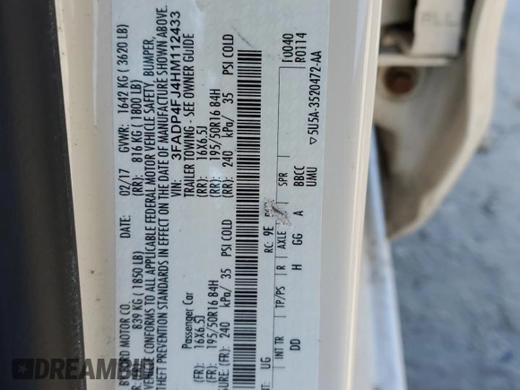 2017 Ford Fiesta Titanium with VIN 3FADP4FJ4HM112433, listed as a Copart auction lot 89354335 with 55,182 mi miles and Salvage Title. Bid and sale history available at DreamBid. Image 13.