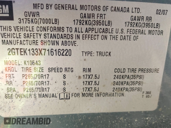 2007 GMC Sierra 1500 SLT z VIN 2GTEK133X71616220, wystawiony jako IAAI lot #41669281 z przebiegiem 269 626 mil mil oraz . Historia ofert i sprzedaży dostępna na DreamBid. Obrazek 9.
