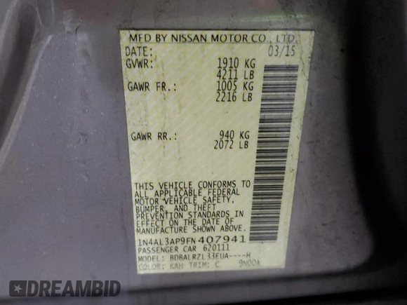 2015 Nissan Altima S with VIN 1N4AL3AP9FN407941, listed as a Copart auction lot 41413955 with 102,743 mi miles and Salvage Title. Bid and sale history available at DreamBid. Image 12.