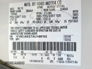 2010 Ford Explorer Eddie Bauer with VIN 1FMEU6EE7AUA88102, listed as a Copart auction lot 61833475 with 155,108 mi miles and Salvage title. Bid and sale history available at DreamBid. Image 14.