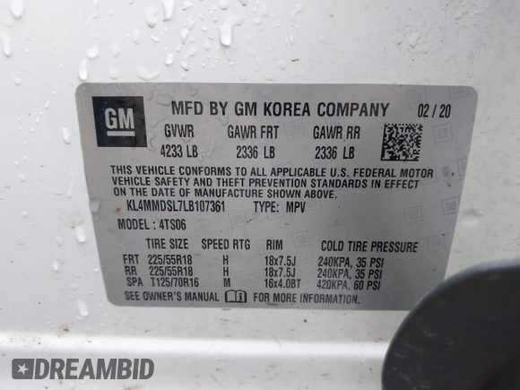 2020 Buick Encore GX Select with VIN KL4MMDSL7LB107361, listed as a IAAI auction lot 41893926 with 96,460 mi miles and . Bid and sale history available at DreamBid. Image 9.