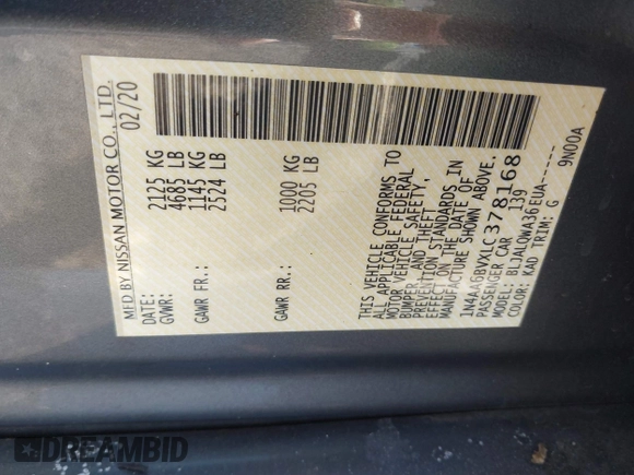 2020 Nissan Maxima S z VIN 1N4AA6BVXLC378168, wystawiony jako IAAI lot #41755070 z przebiegiem 67 274 mil mil oraz . Historia ofert i sprzedaży dostępna na DreamBid. Obrazek 9.